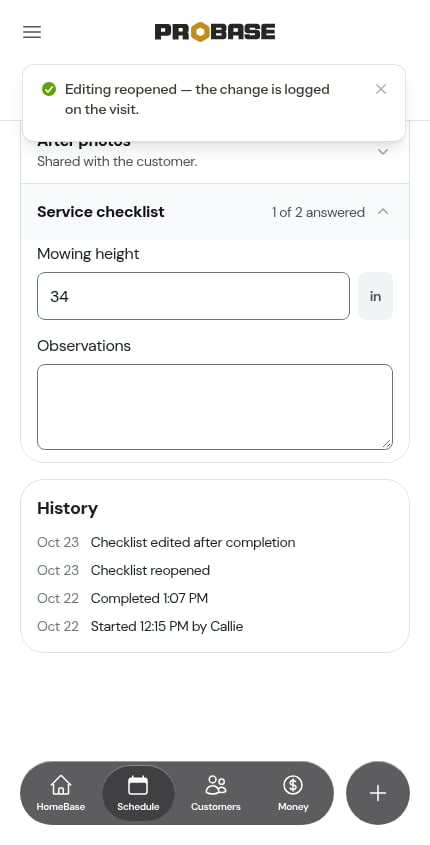 Editing a completed visit's checklist in place
