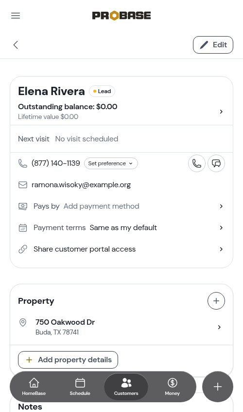 The + button beside the Services section on the customer page