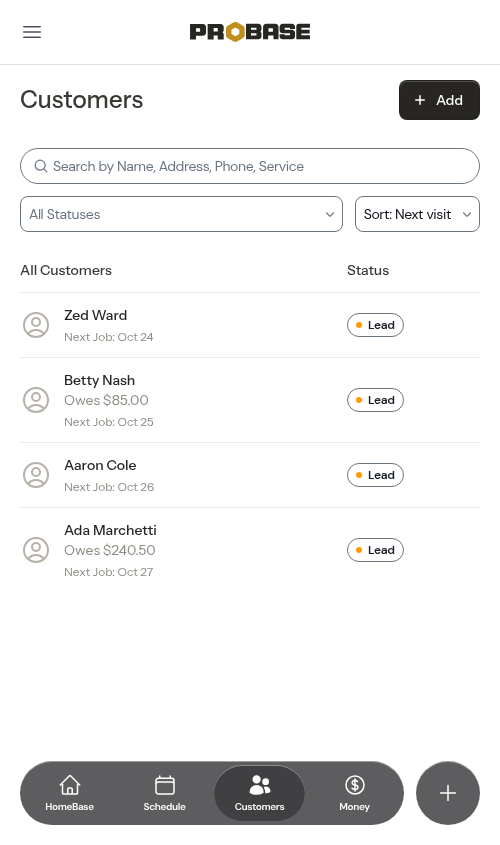 Owed amounts beneath customer names on the list