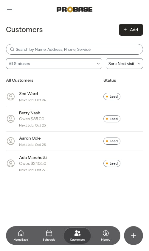Owed amounts beneath customer names on the list