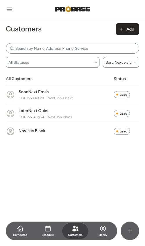 Customer list sorted by next visit