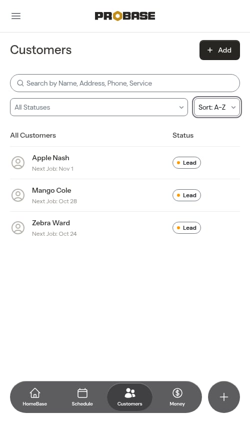 Customer list sorted A to Z
