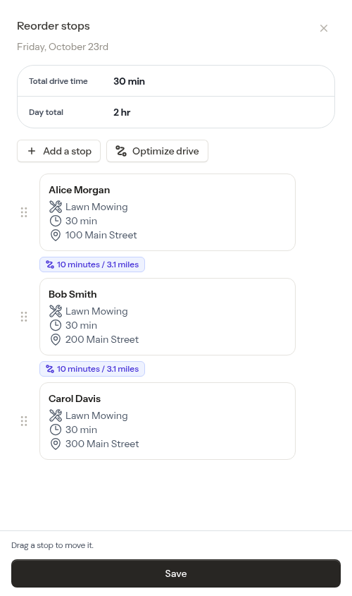 Reorder route panel with draggable stops