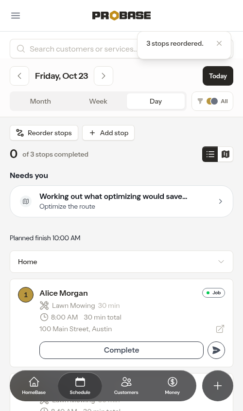 Calendar after saving the reordered route