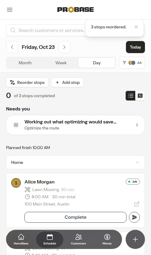 Calendar after saving the reordered route