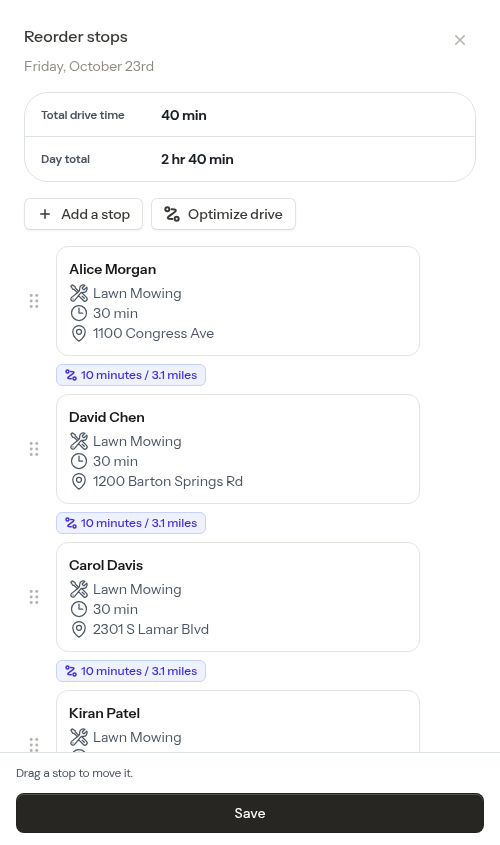 The drive summary on the Reorder stops panel