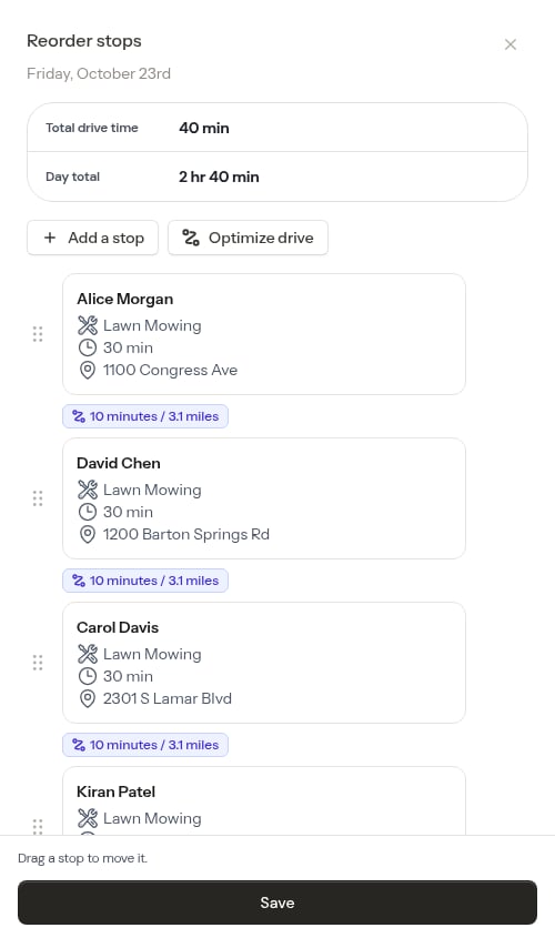 The drive summary on the Reorder stops panel