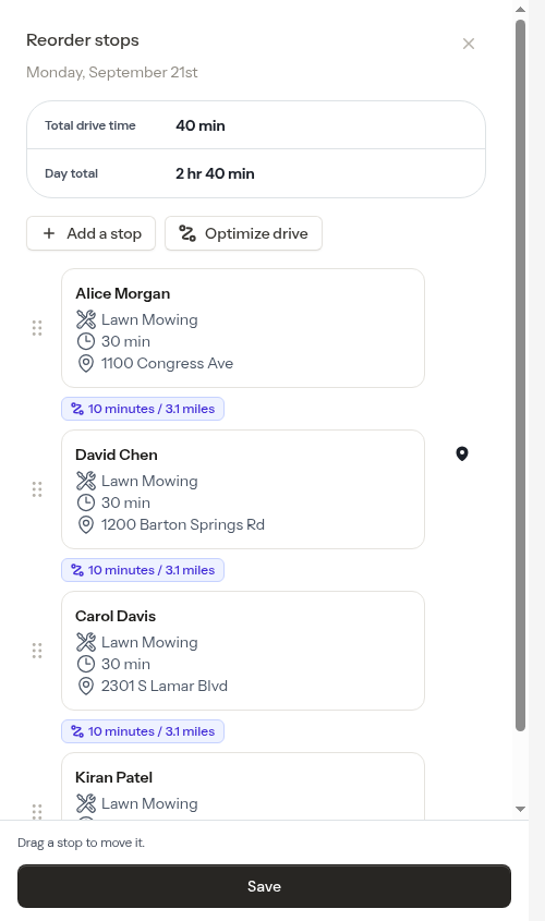 A pinned row in the Reorder stops list