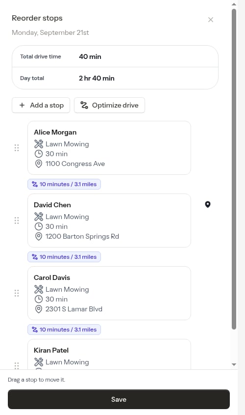 A pinned row in the Reorder stops list