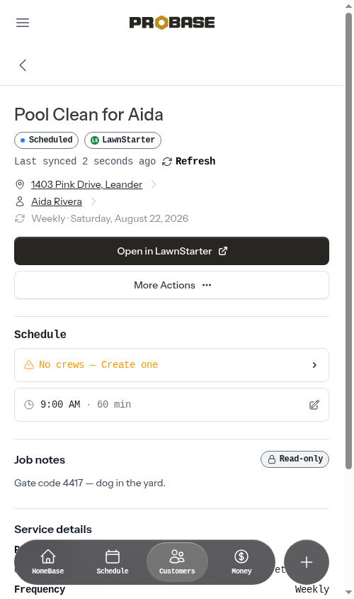 A LawnStarter job detail page in ProBase
