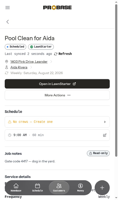 A LawnStarter job detail page in ProBase