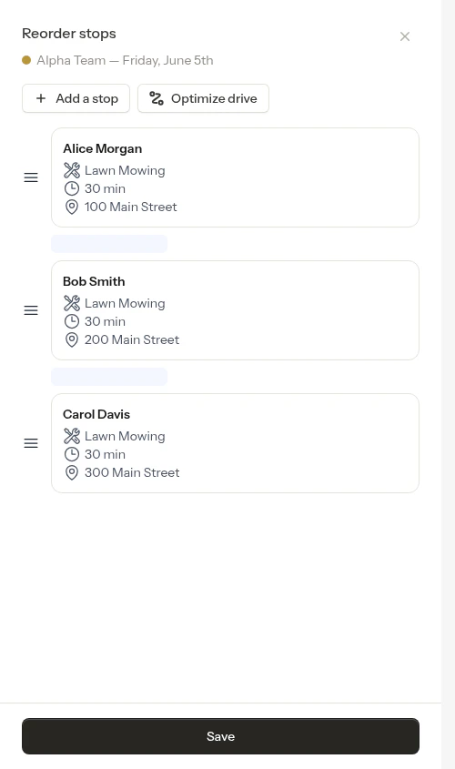 Reorder route panel with draggable stops