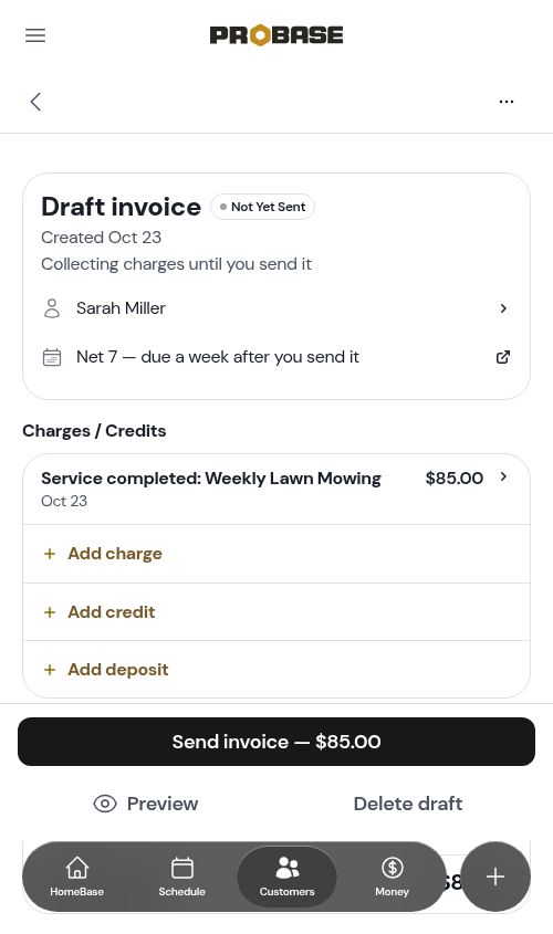 The invoice opened from the Charged row
