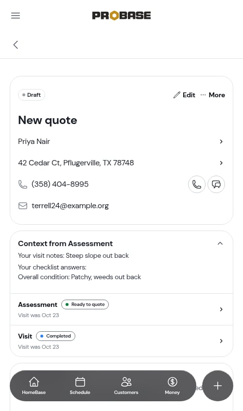 Checklist answers carried onto the quote