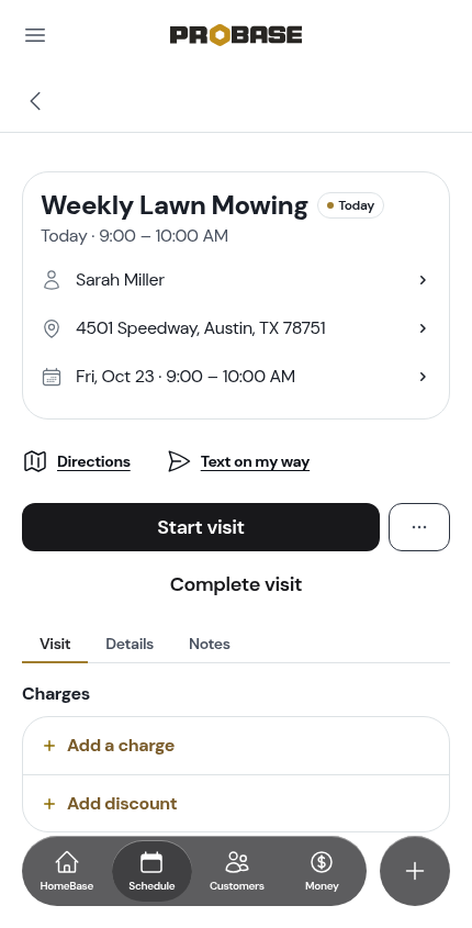 A visit booked for today reads Today at noon