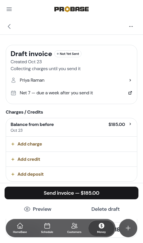 The balance from before on the customer's draft invoice