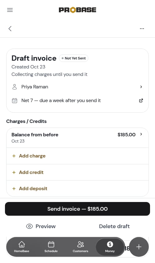 The balance from before on the customer's draft invoice