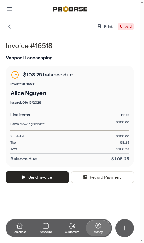 The Print button on the invoice page