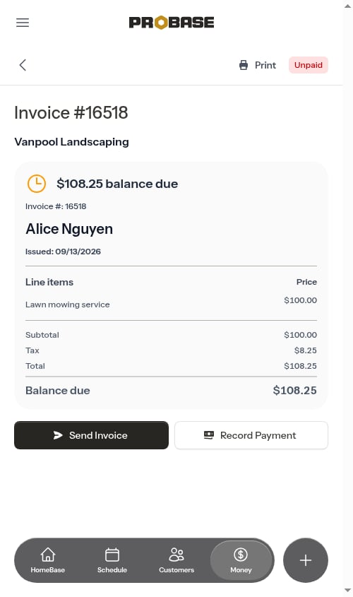 The Print button on the invoice page