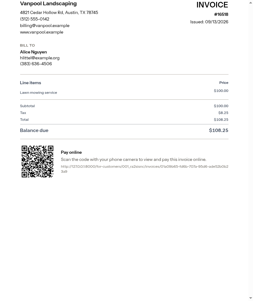 A printed invoice, with letterhead, line items, totals, and a Pay-online QR code