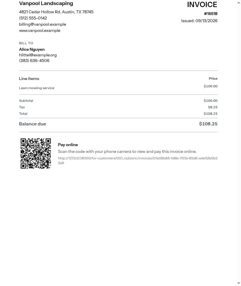 A printed invoice, with letterhead, line items, totals, and a Pay-online QR code