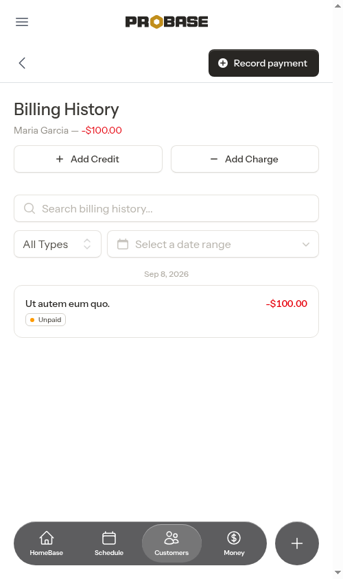 Billing page showing customer balance