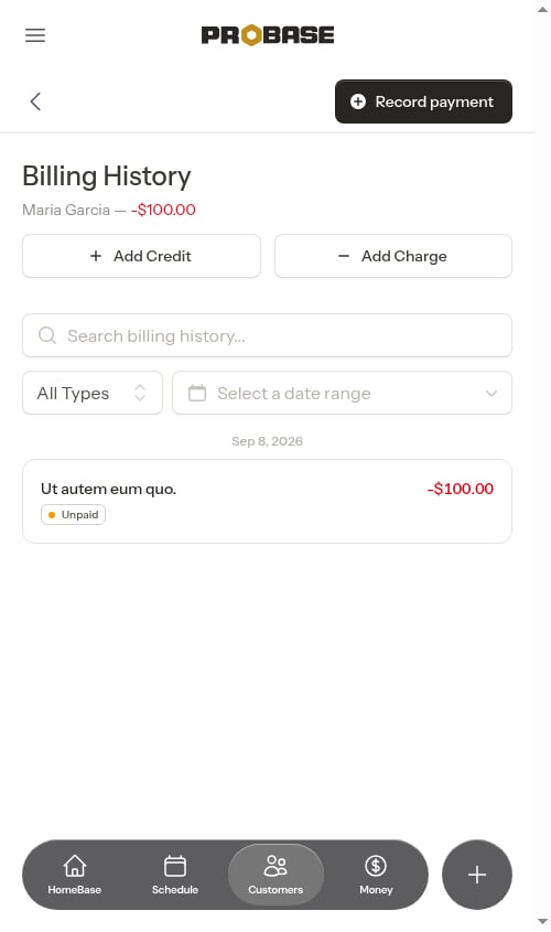 Billing page showing customer balance