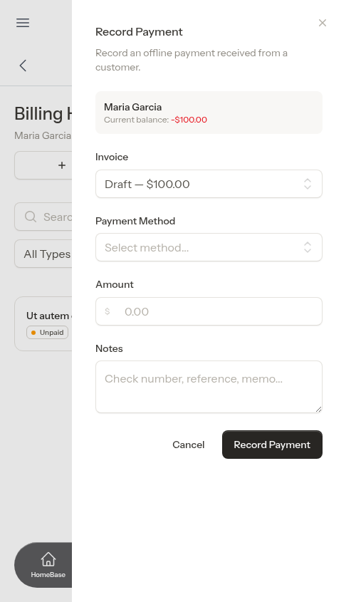 Record payment flyout