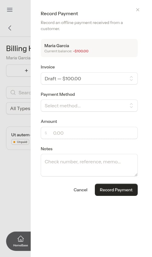 Record payment flyout