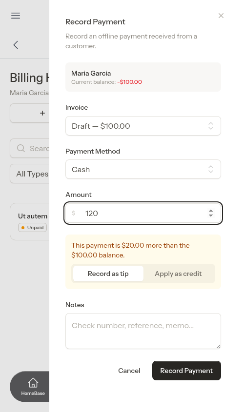Overpayment prompt with tip or credit options