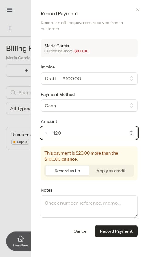 Overpayment prompt with tip or credit options