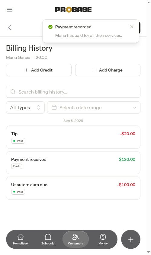 Billing history showing payment and tip entries