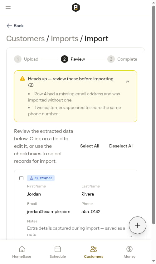 Import review screen with heads-up warnings