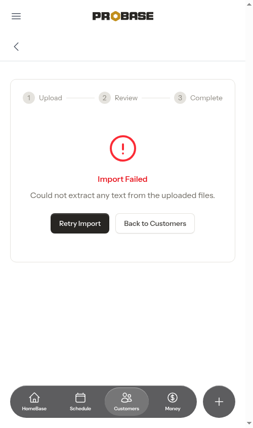 A failed import showing the Retry Import and Back to Customers buttons