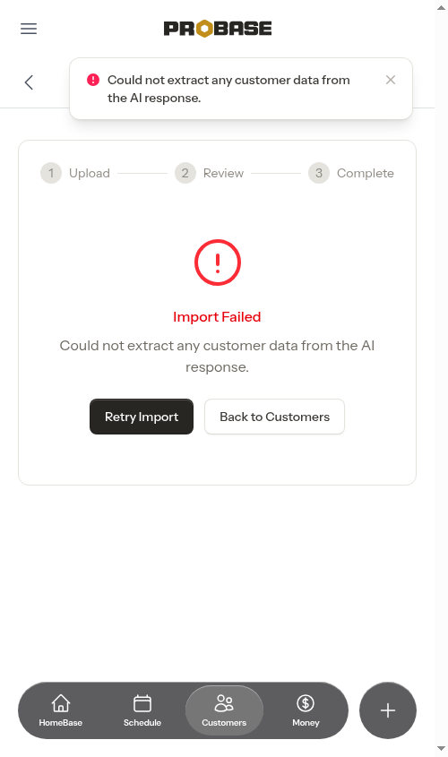 An import that stopped promptly with a clear failure message