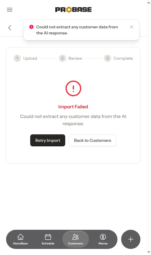 An import that stopped promptly with a clear failure message