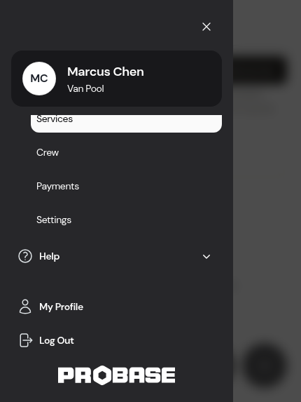 The drawer on a short screen: the list of screens scrolls while the header and footer stay put