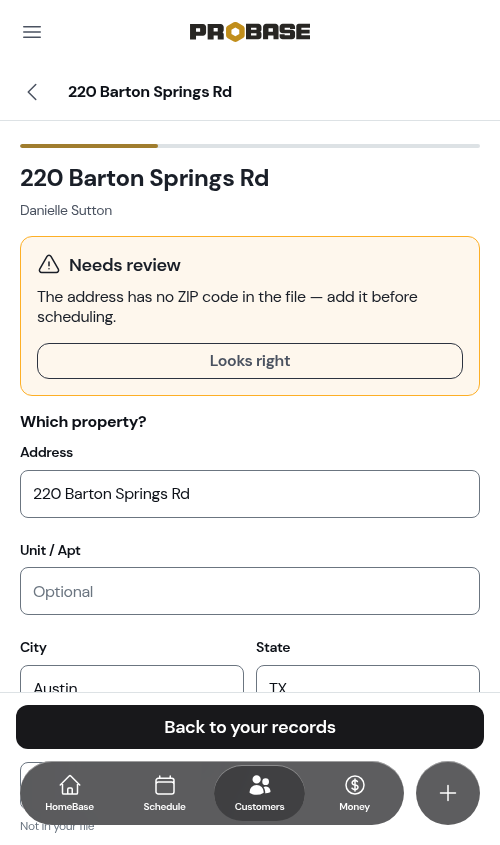 A property marked Needs review for a missing ZIP code