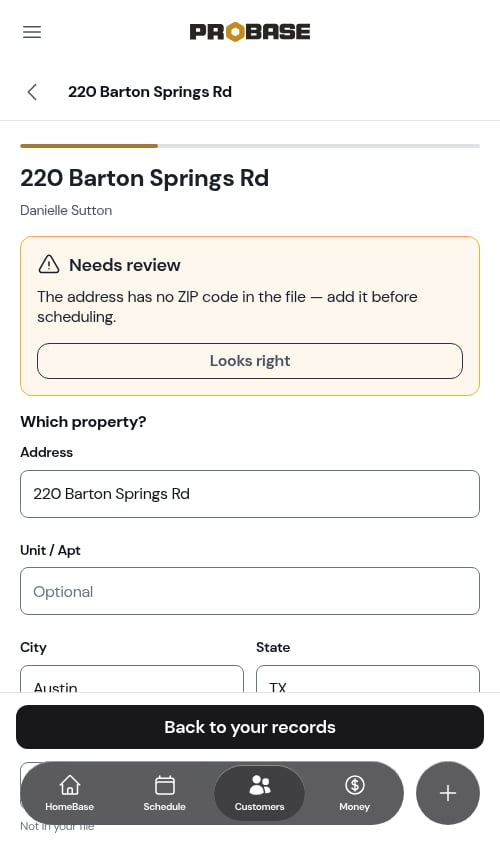 A property marked Needs review for a missing ZIP code