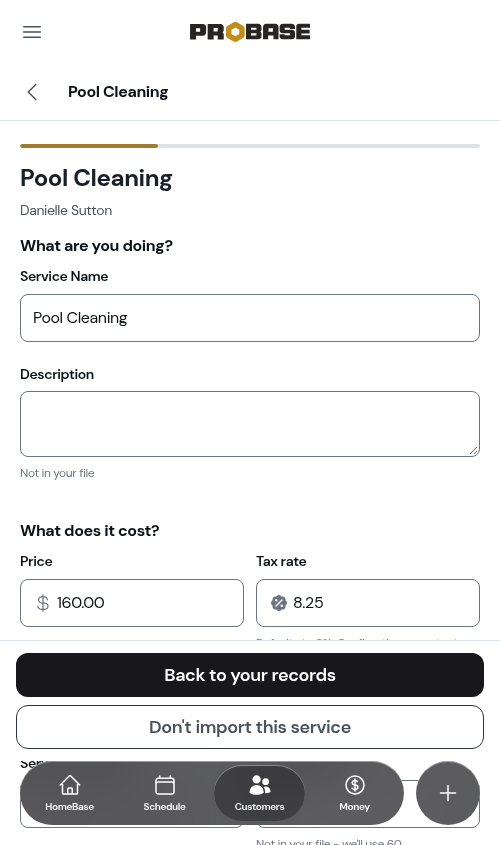 A price typed on a service record, kept after tapping Back to your records