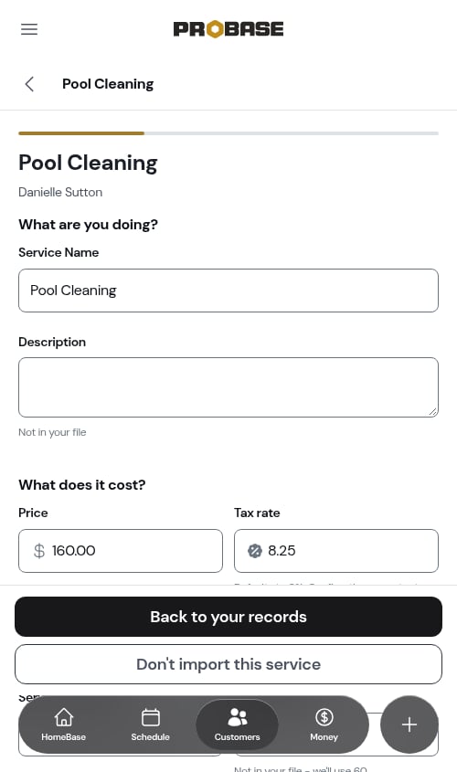 A price typed on a service record, kept after tapping Back to your records