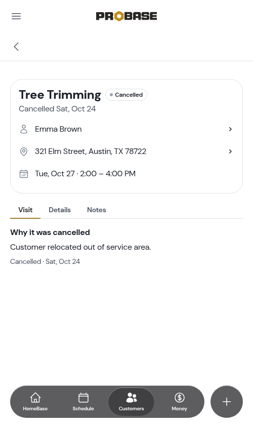 A cancelled visit's Visit tab