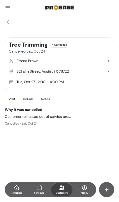A cancelled visit's Visit tab