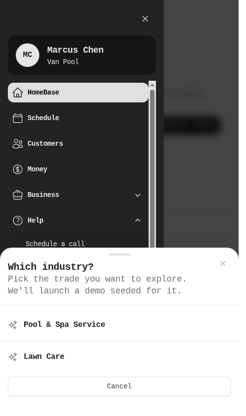 Picking a trade from the Tour a demo menu item