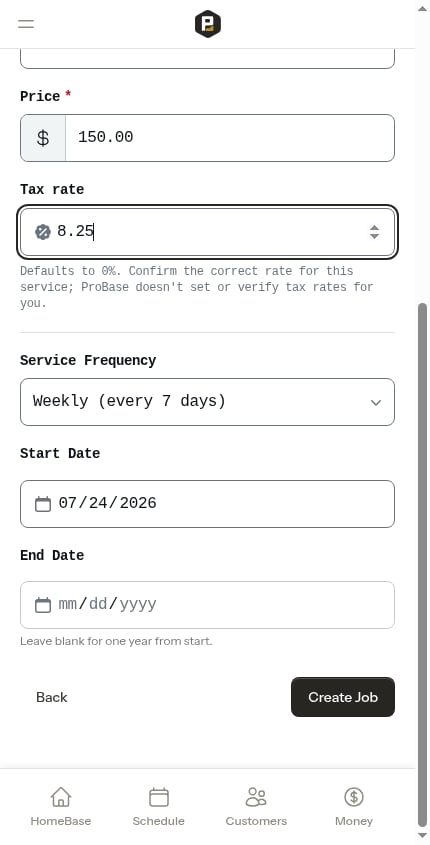 Job details with schedule fields