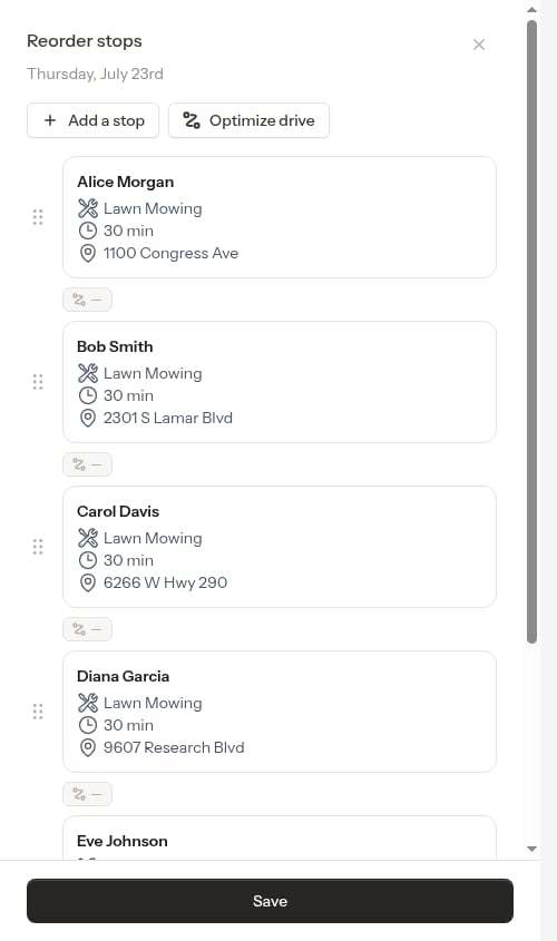 Reorder modal with Optimize drive button