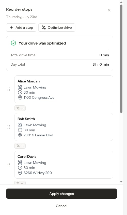 Optimized view with drive time summary