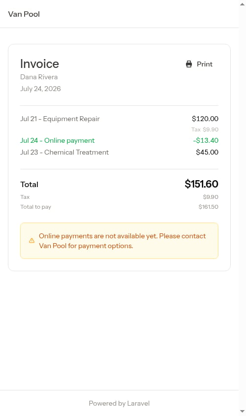 Invoice with charges, taxes, and credits