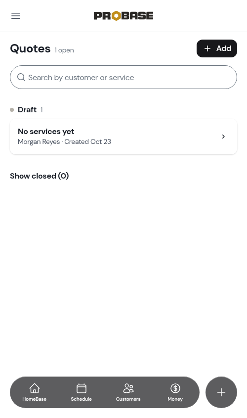 The empty draft already listed on the Quotes screen