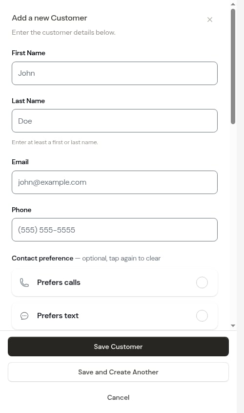 Customer creation form opened from the empty schedule
